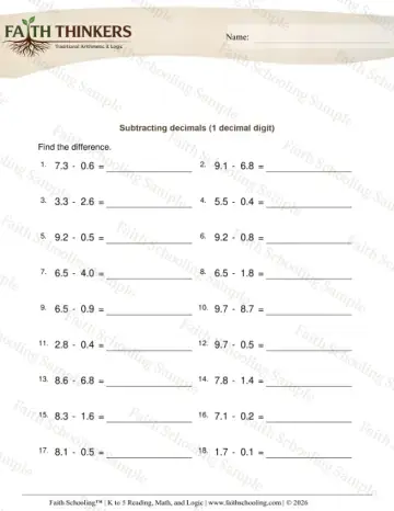 4th Grade math worksheet — Subtracting Decimals 1 Digit 7