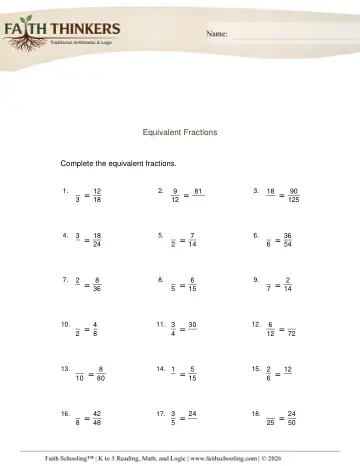 Grade 5 Math: Equivalent Simplifying Fractions — worksheet preview