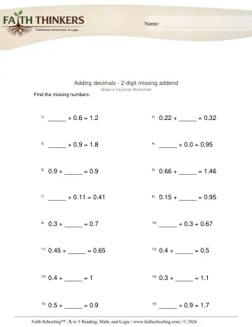 Adding Decimals 2 Digit Missing Addend 1