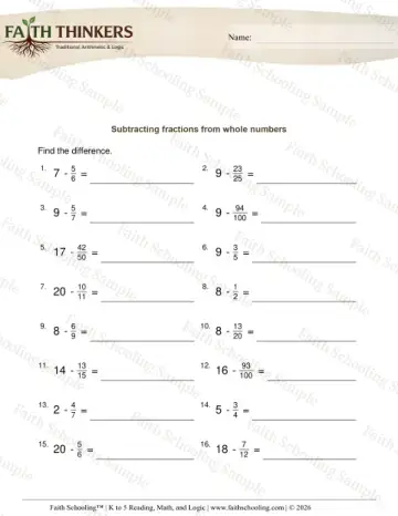 4th Grade math worksheet — Subtracting Fractions from Whole Numbers 7