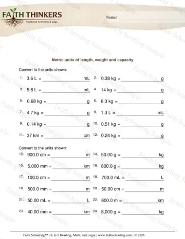 4th Grade math worksheet — Convert Metric Units Length Weight Capacity 9