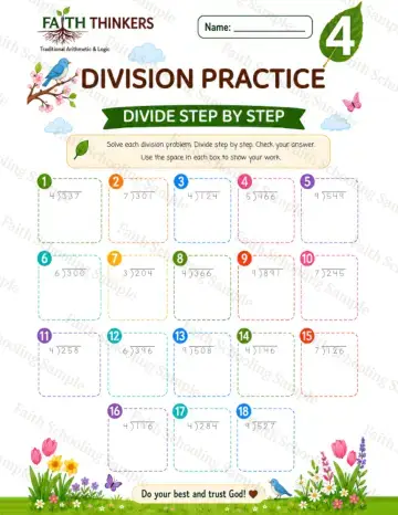 4th Grade math worksheet — Spring Division Practice 4