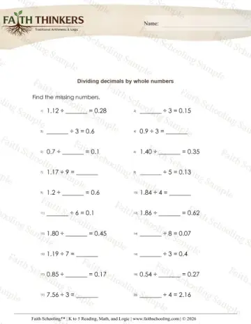 5th Grade math worksheet — Dividing Decimals 2d by Whole Number Missing 2