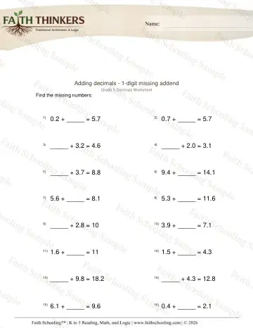 5th Grade math worksheet — Adding Decimals 1 Digit Missing Addend 3