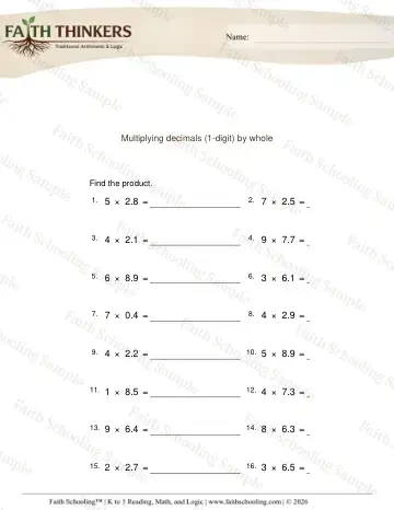 5th Grade math worksheet — Multiplying Decimals 1 Digit by Whole Numbers 6