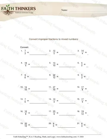 3rd Grade math worksheet — Improper Fractions to Mixed Numbers 4