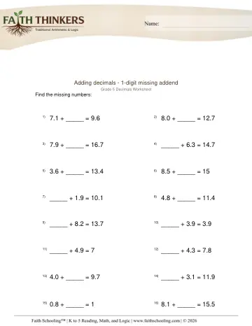 Adding Decimals 1 Digit Missing Addend 1