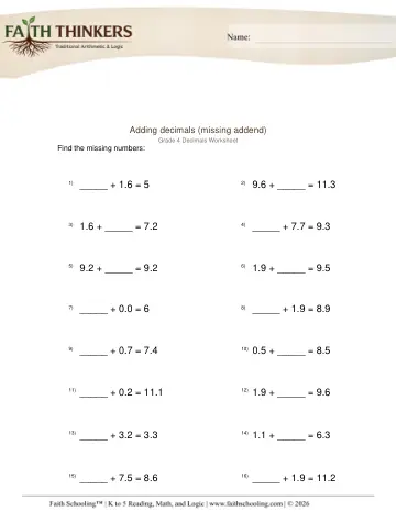 Adding Decimals 1 Digit Missing Addend 1