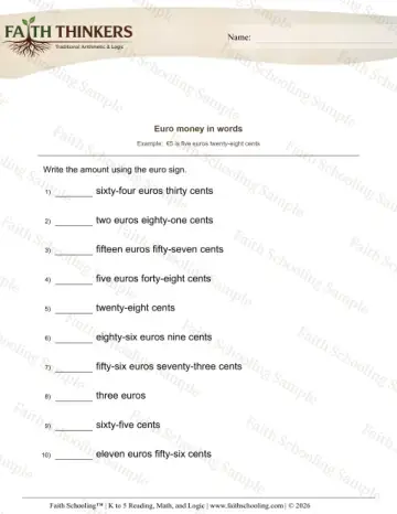 2nd Grade math worksheet — World Currencies. Euro Money in Words 12