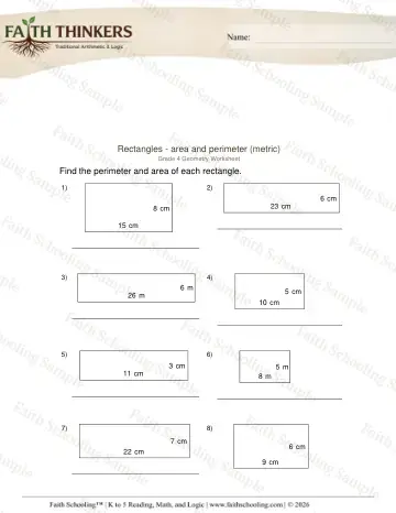 4th Grade math worksheet — Geometry Rectangles Area Perimeter 5