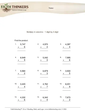 Multiply Columns 1 Digit 4 Digit 1