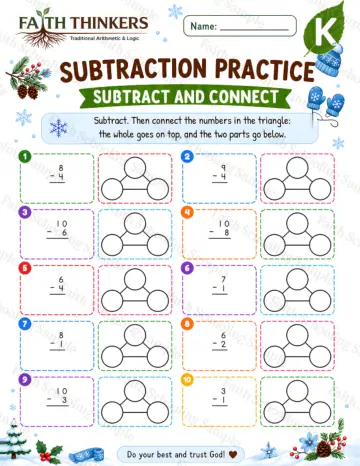 Kindergarten math worksheet — Winter Subtract And Connect Practice 9