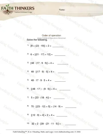 5th Grade math worksheet — Order Operations 3