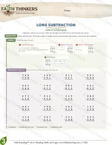 3rd Grade math worksheet — Subtraction with Regrouping. Long Subtraction (Practice 5)