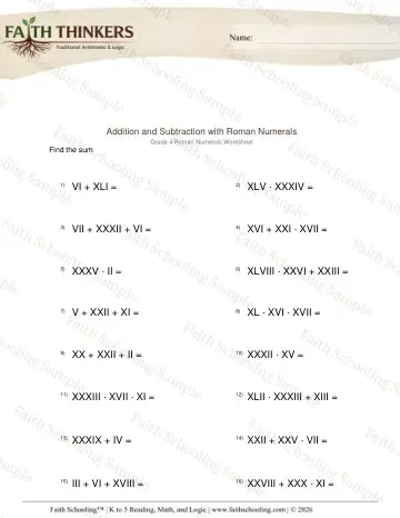 4th Grade math worksheet — Roman Numerals Add Subtract 2