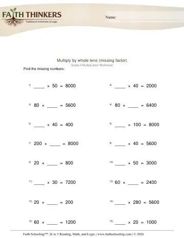 Multiply by Whole Tens Missing Factor 1
