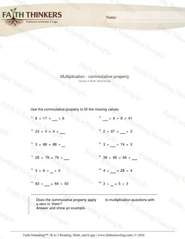 4th Grade math worksheet — Properties of Multiplication. Multiplication Commutative Property 3