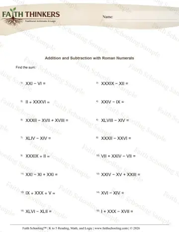 3rd Grade math worksheet — Roman Numerals Add Subtract 5