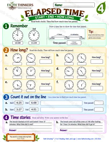 4th Grade math worksheet — Elapsed Time Practice 6