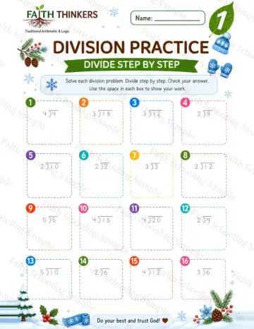 1st Grade math worksheet — Winter Division Practice 7