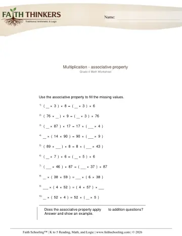 Grade 4 Math: Properties Of Multiplication — worksheet preview