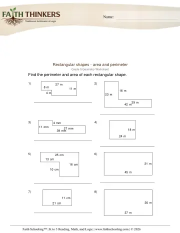 Geometry Rectangular Shapes Area Perimeter Metric 1