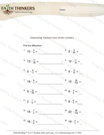 4th Grade math worksheet — Subtracting Fractions from Whole Numbers 5