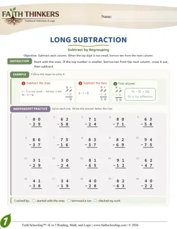 Grade 1 Math: Long Subtraction — worksheet preview