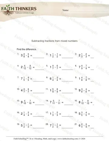 3rd Grade math worksheet — Subtracting Fractions from Mixed Numbers 4