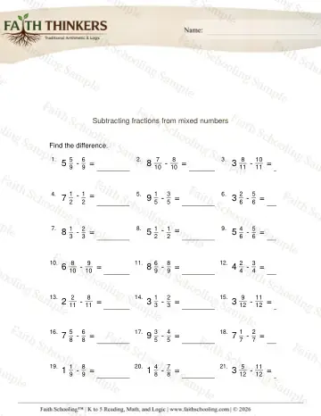 3rd Grade math worksheet — Subtracting Fractions from Mixed Numbers 3