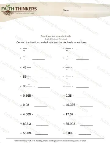 5th Grade math worksheet — Fractions Improper Mixed to Decimals 3
