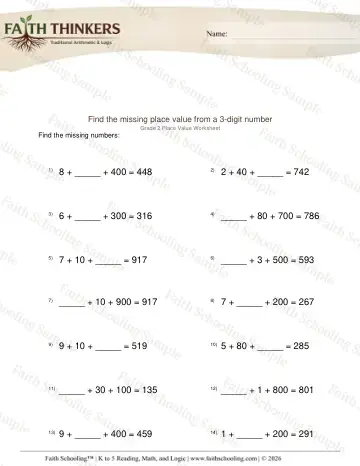 2nd Grade math worksheet — Find Missing Place Value from 3 Digit Number 2