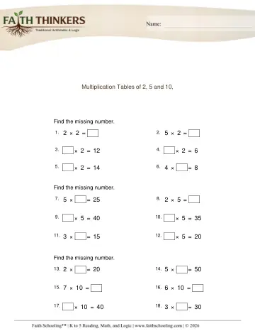 Multiplication Table 2 5 10 Missing Factor 1