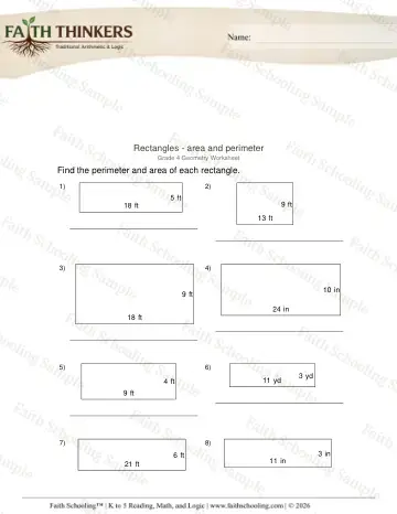 4th Grade math worksheet — Geometry Rectangles Area Perimeter 2