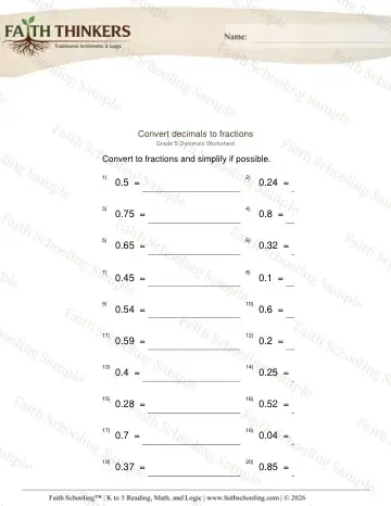 5th Grade math worksheet — Converting Fractions and Decimals. Decimals to Fractions 2