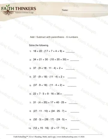 4th Grade math worksheet — Order Operations Add Sub 12