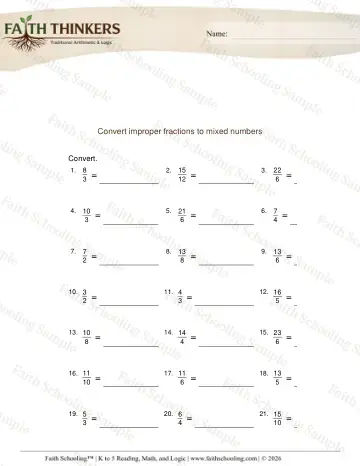 4th Grade math worksheet — Improper Fractions to Mixed Numbers 5