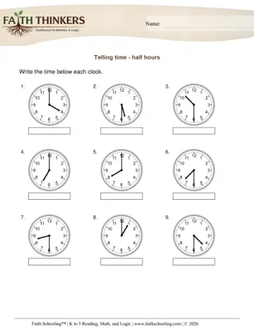 Grade 1 Math: Telling Time — worksheet preview