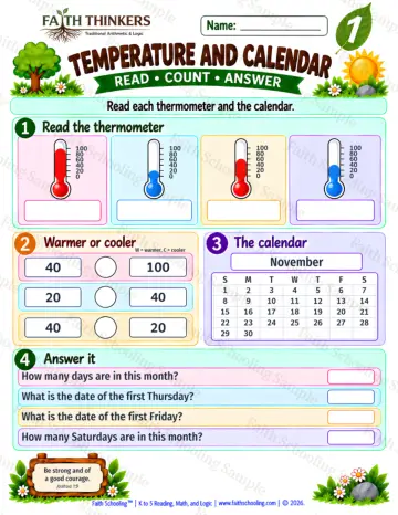1st Grade math worksheet — Calendar and Temperature Practice 7