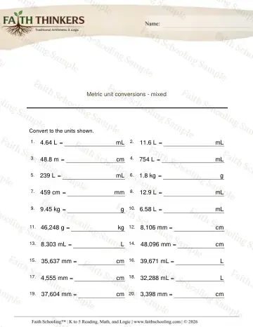 5th Grade math worksheet — Metric Measurement. Metric Units Mixed 5