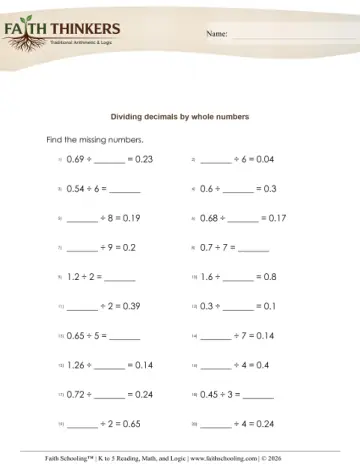 Dividing Decimals 2d by Whole Number Missing 1