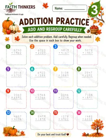3rd Grade math worksheet — Fall Addition Practice 7