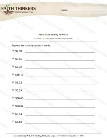 2nd Grade math worksheet — World Currencies. Australian Money in Words 8