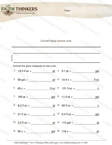 5th Grade math worksheet — Converting Fluid Volume Units Decimals 2