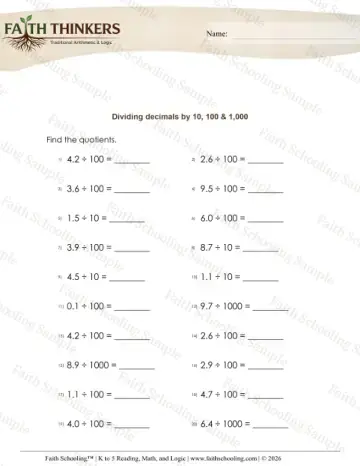 5th Grade math worksheet — Dividing Decimals 1d by 10 100 1000 2