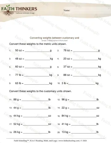 5th Grade math worksheet — Mass and Weight. Converting Weights Customary Metric 2