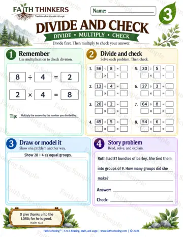 3rd Grade math worksheet — Divide And Check Practice 6
