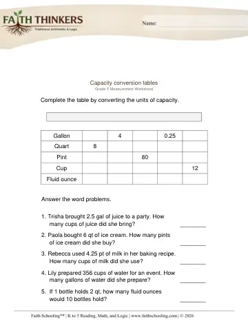Grade 5 Math: Capacity Volume — worksheet preview