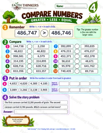 4th Grade math worksheet — Comparing and Ordering Numbers Practice 6