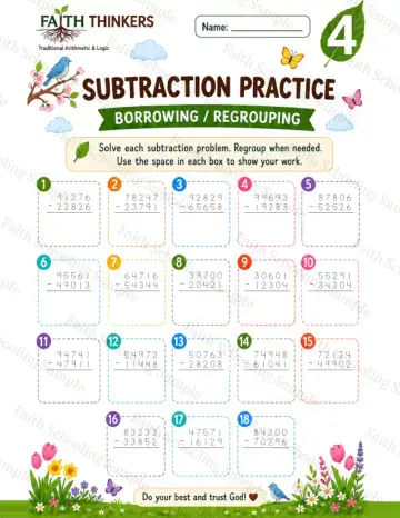 4th Grade math worksheet — Spring Subtraction Practice 7